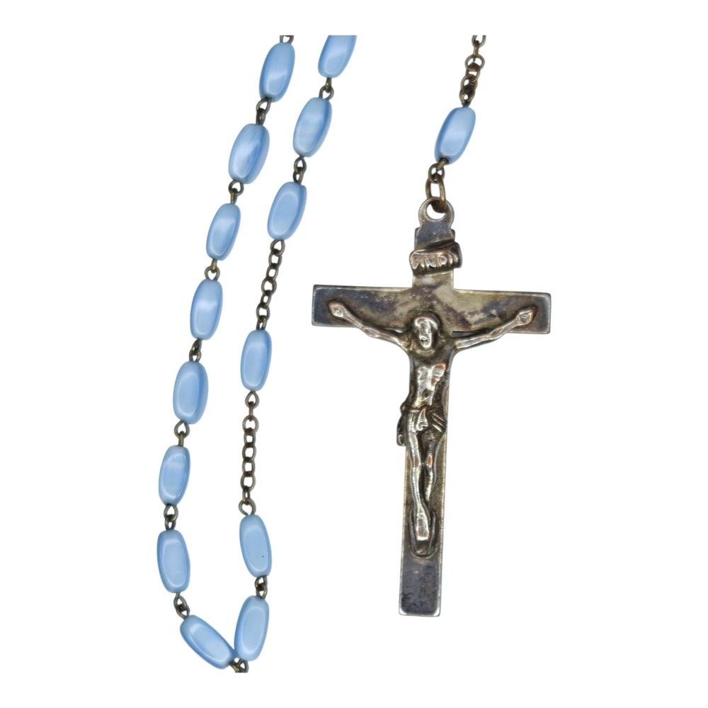 Vintage Catholic Rosary Light Blue Glass Beads Metal Crucifix Prayer Necklace - Picture 5 of 8